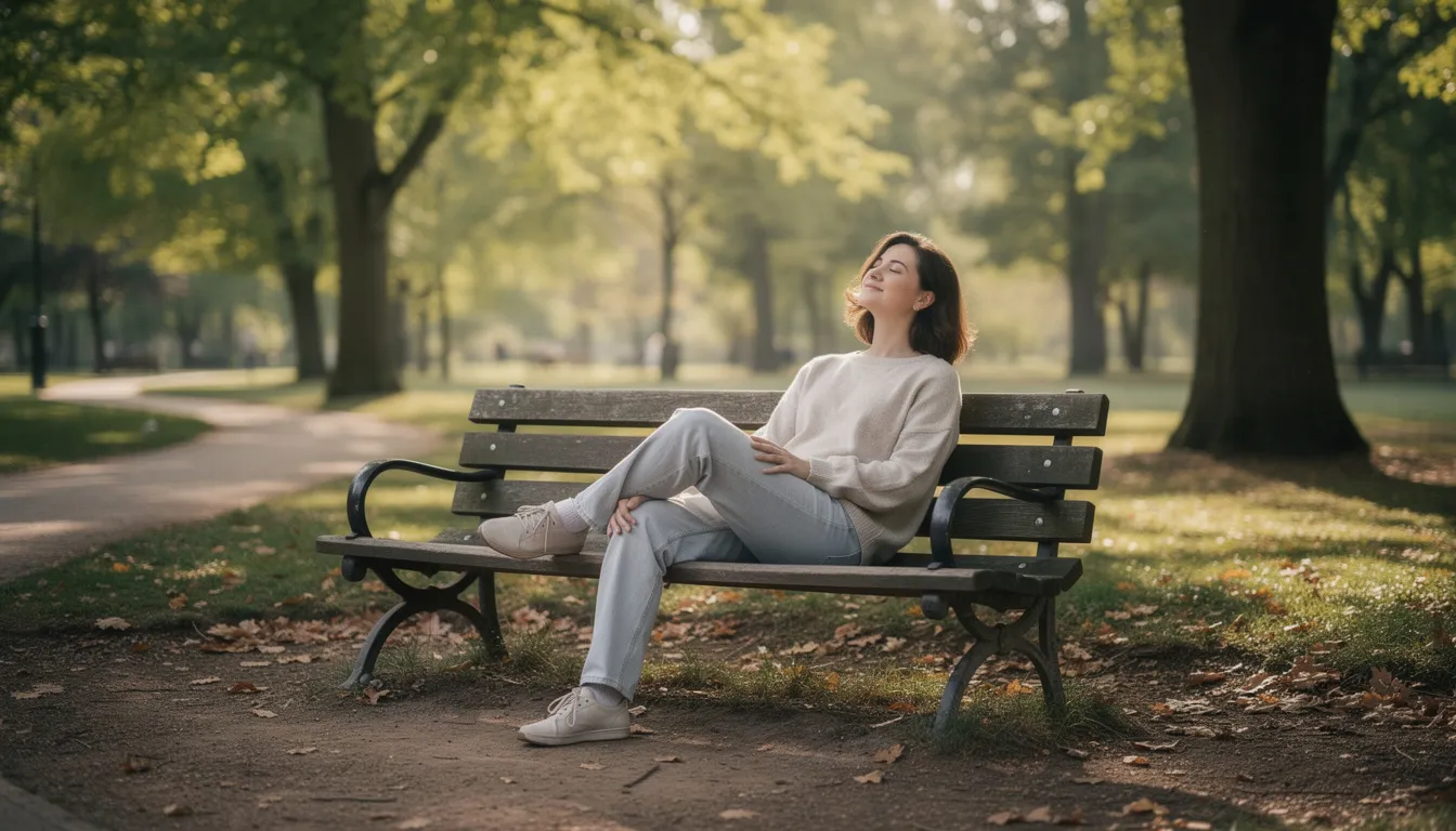 A person is enjoying a peaceful break outdoors, seated on a park bench surrounded by lush trees, embodying a serene moment in nature. This tranquil setting contrasts with the excitement of online casinos, where players can engage in various casino games and win real cash prizes.