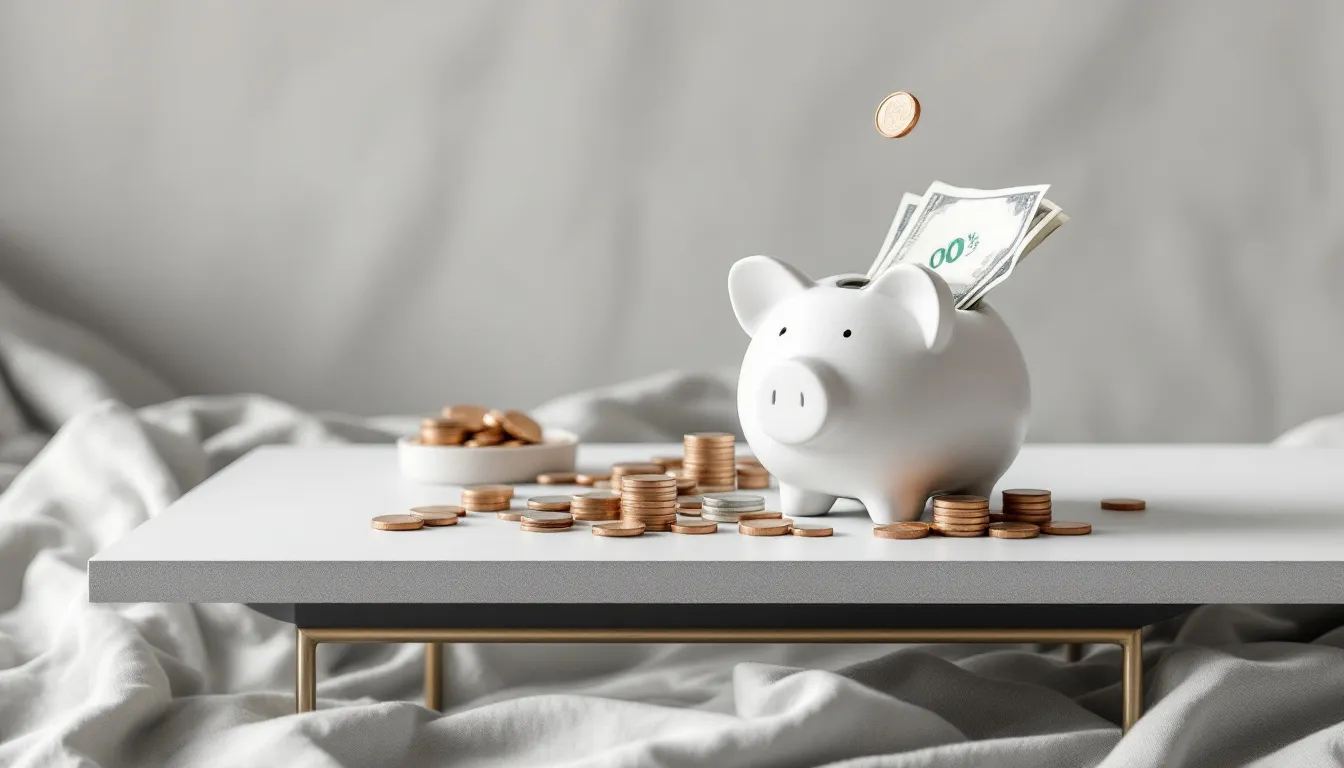 A piggy bank surrounded by various coins and bills, symbolizing saving money tactics.