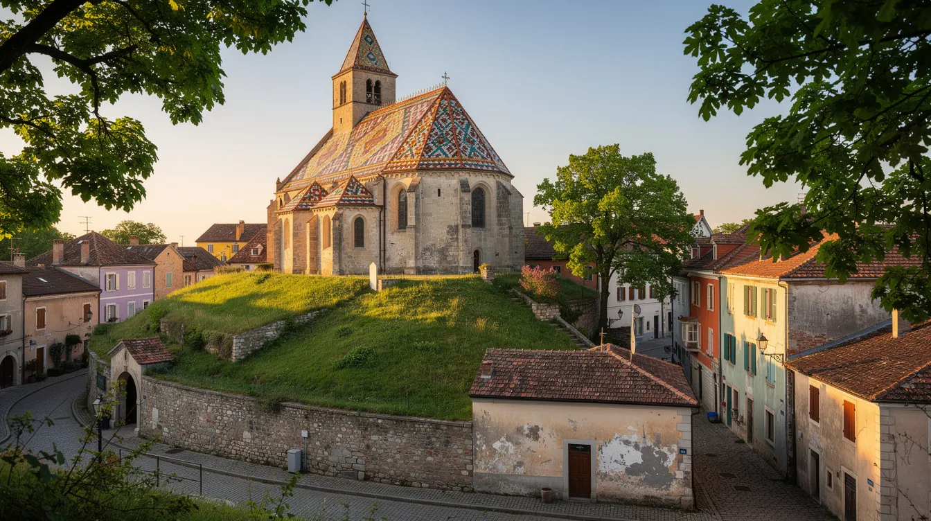 A imagem mostra uma igreja com telhado de azulejos coloridos, situada em uma colina europeia, cercada por construções históricas e árvores. Essa cena remete ao charme do centro histórico de cidades como Dubrovnik, na Croácia, onde a arquitetura medieval se destaca.