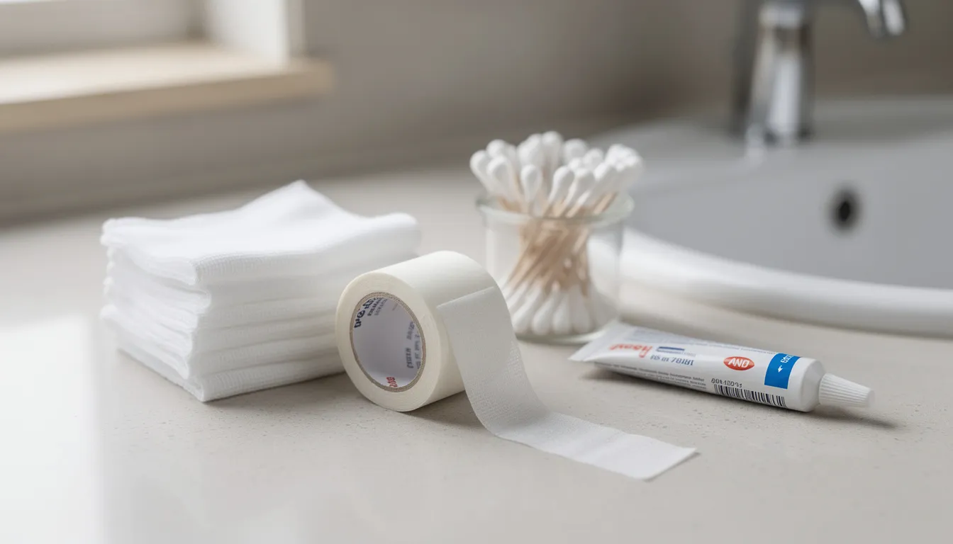 The image shows clean bandaging supplies, including gauze, tape, and antibiotic ointment, neatly arranged on a bathroom counter. These items are essential for treating foot infections, such as athlete's foot or diabetic foot ulcers, and highlight the importance of maintaining proper hygiene to prevent serious infections.