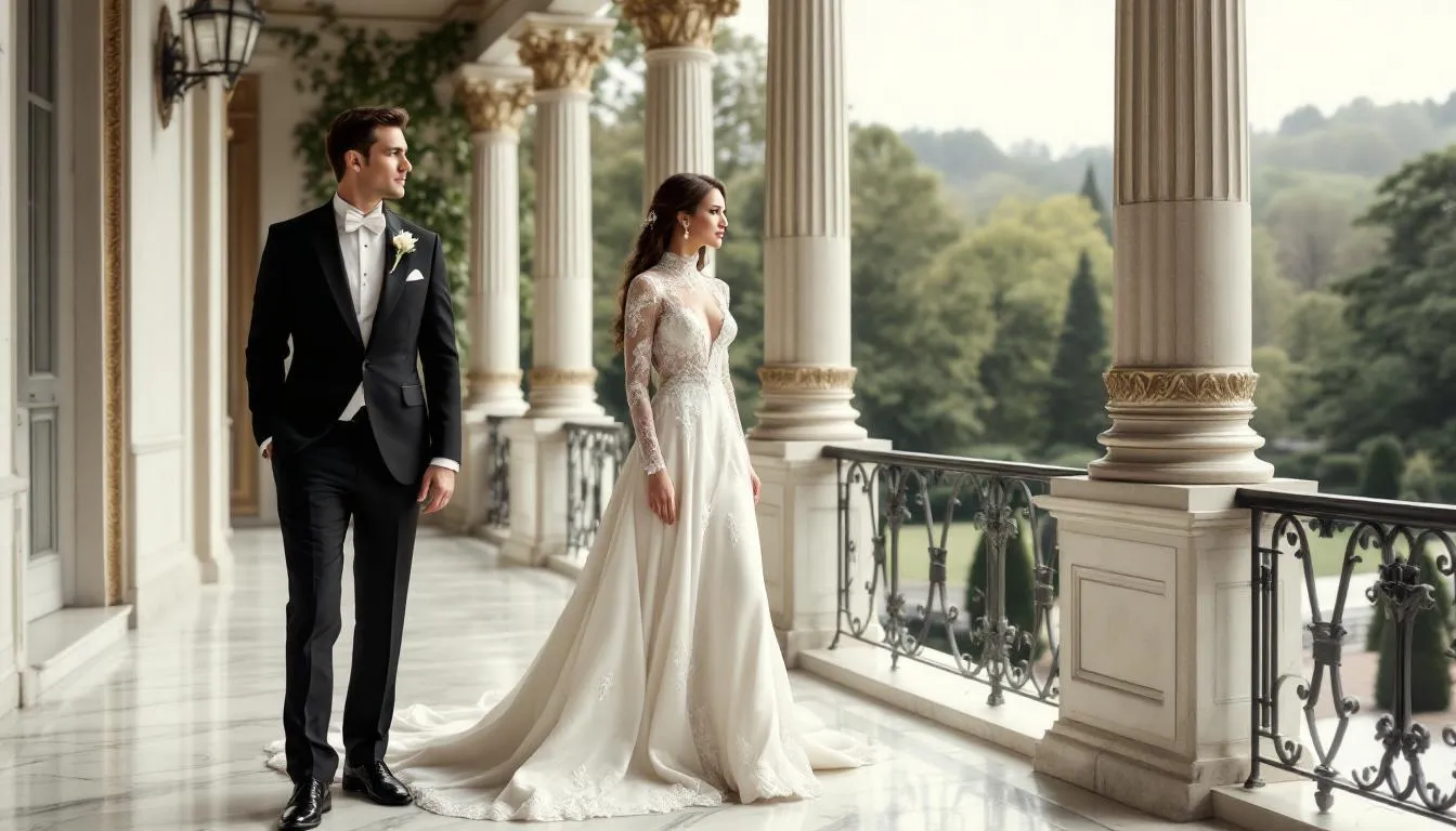 Die romantische Hochzeitsszenerie zeigt ein elegantes Brautpaar vor einer historischen Villa in Baden-Baden, umgeben von einer malerischen Kulisse aus Weinbergen und grünen Landschaften. Die Architektur der Villa strahlt Charme und Romantik aus, ideal für eine Traumhochzeit in dieser wunderschönen Region.