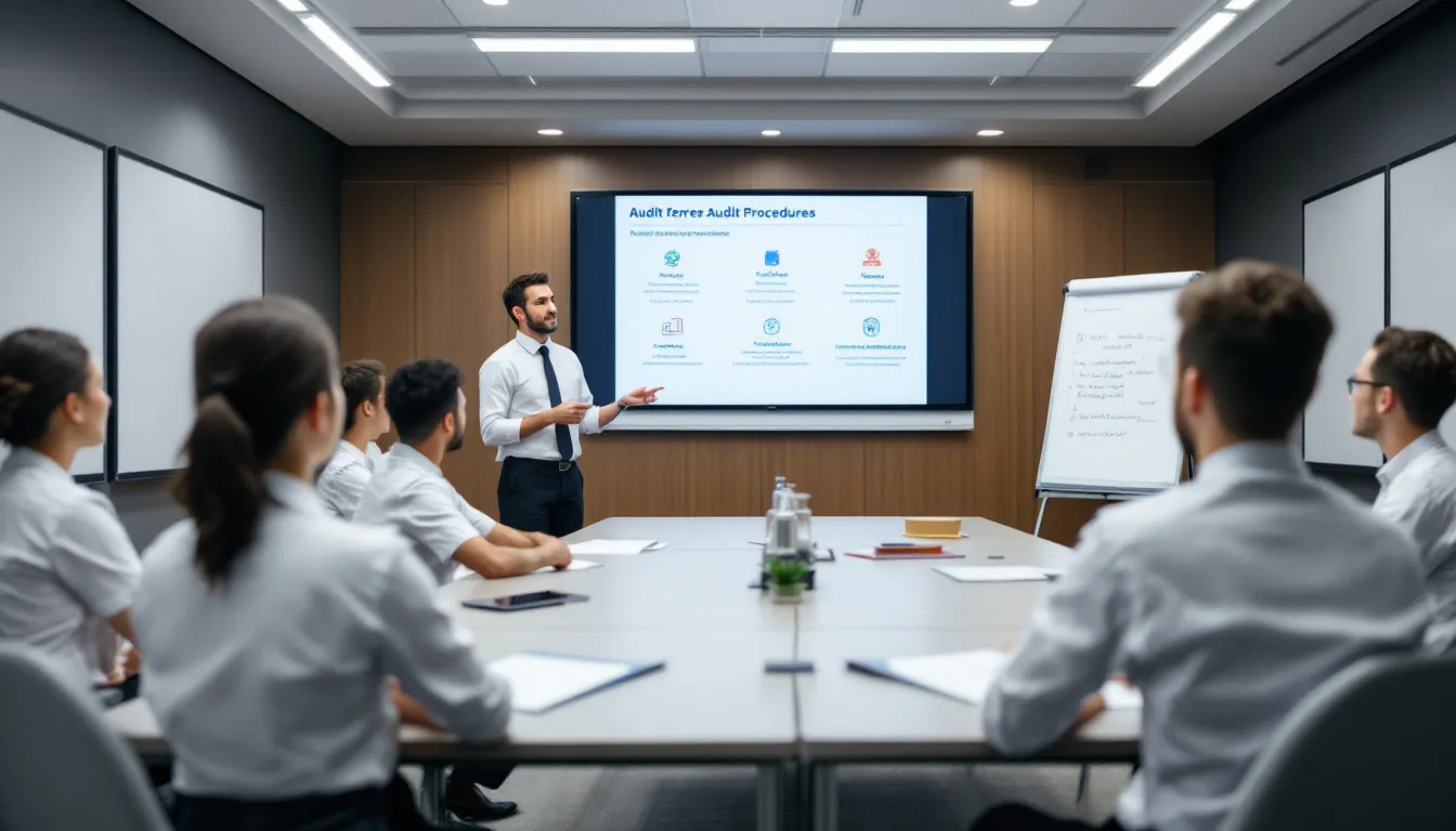 A group of hotel staff members is engaged in a training session focused on the night audit process, learning about essential audit procedures and responsibilities of night auditors. The training emphasizes the importance of accurate financial reporting, room status updates, and guest accounts to ensure guest satisfaction and smooth hotel operations.