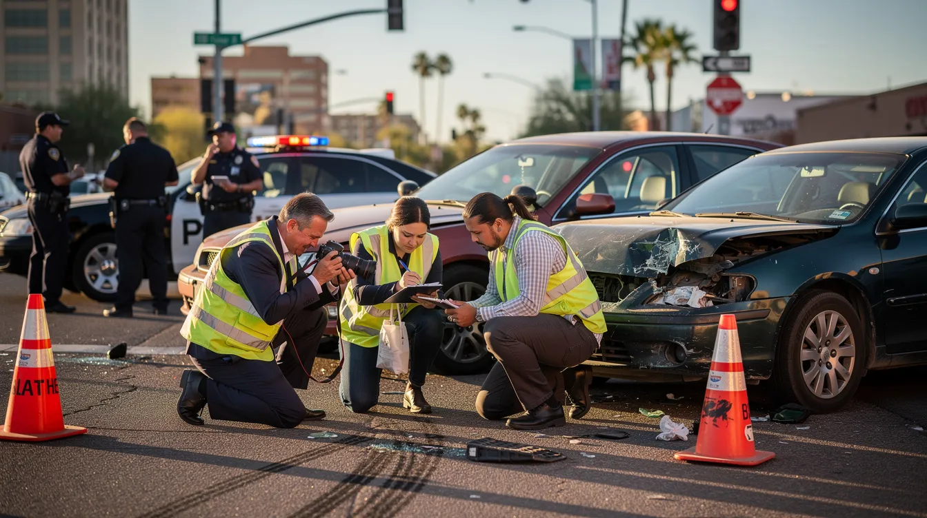 The image depicts a Phoenix personal injury attorney and investigators examining a car accident scene on an urban street in Arizona, with damaged vehicles and police officers capturing evidence in the background. The late afternoon sunlight highlights the detailed investigation process, focusing on skid marks and physical evidence as they work to establish fault for the personal injury case.