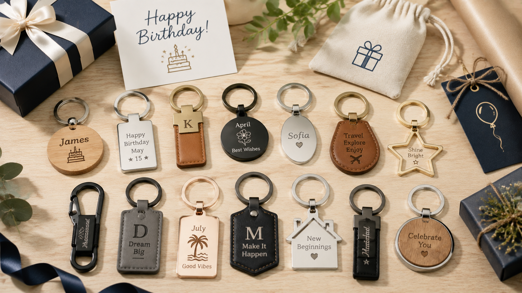 Keychains made from wood, metal, leather, acrylic, and fabric with names, initials, and birthday designs