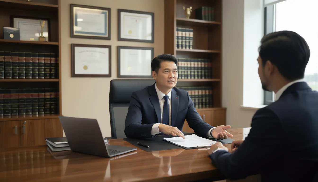 In a professional office setting, an attorney is consulting with a client regarding a workers compensation claim, discussing the legal process for injured workers to receive benefits for workplace injuries, including medical treatment and lost wages. The atmosphere is focused and supportive, emphasizing the importance of legal guidance in navigating workers compensation insurance.
