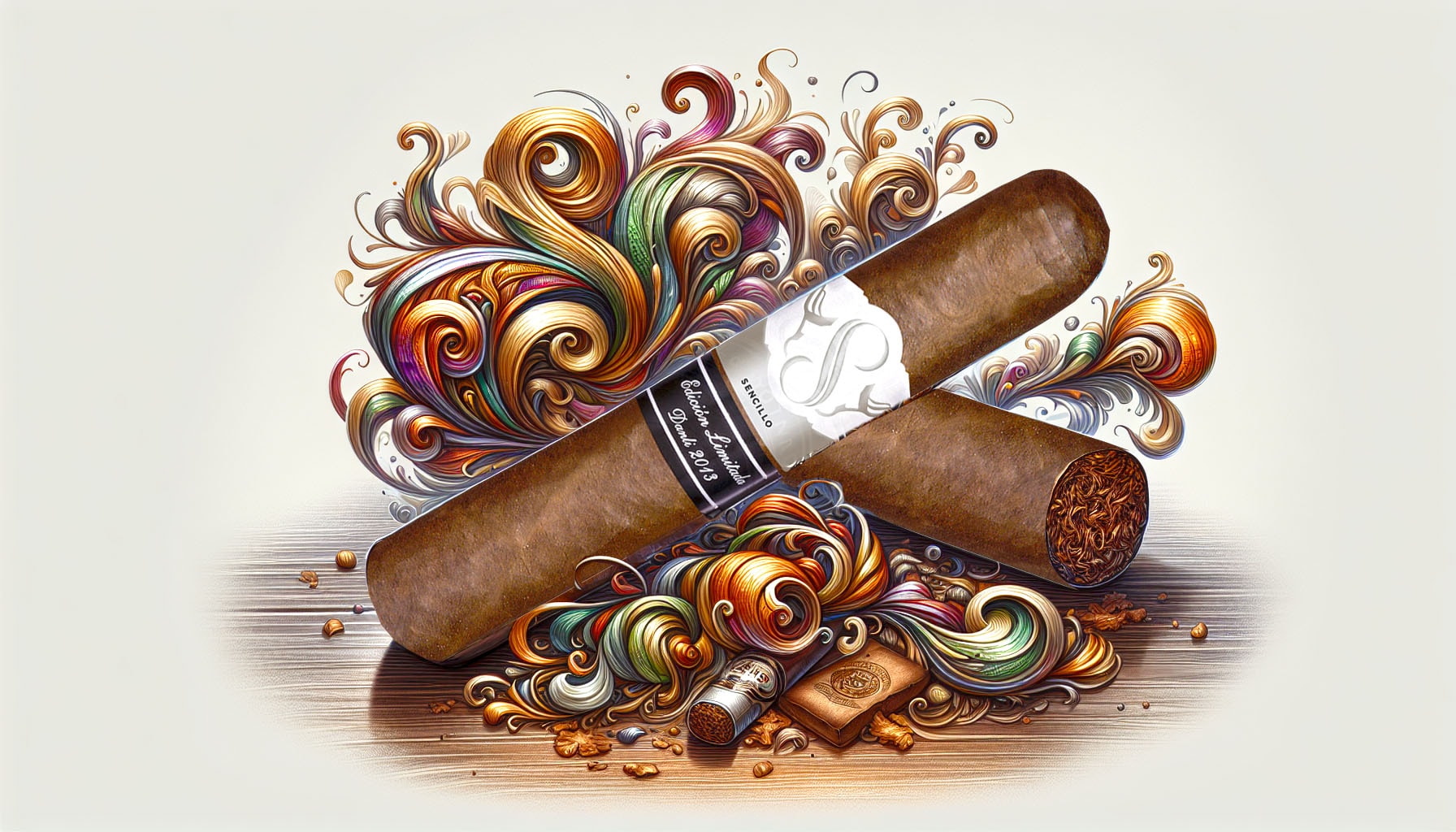 An artistic depiction of a Sencillo Platinum Gran Toro cigar highlighting its complex aromas.