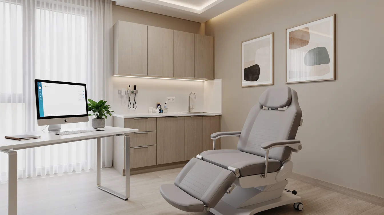 The image depicts a serene medical consultation room, featuring a comfortable examination chair and warm, inviting lighting, creating a calming atmosphere for patients considering procedures like a tummy tuck. This space is designed to facilitate discussions about various surgical options and foster a sense of comfort for individuals seeking information about tummy tuck costs and procedures.