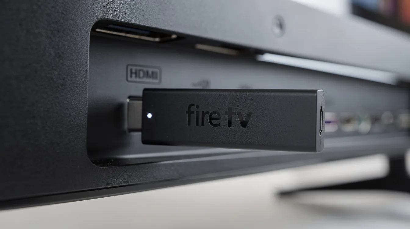 The image shows a close-up of a Fire TV Stick plugged into the HDMI port of a flat-screen television, with a small LED glowing, indicating it's powered on. This device allows users to access a wide range of live TV channels and on-demand content, enhancing their streaming experience on smart TVs.