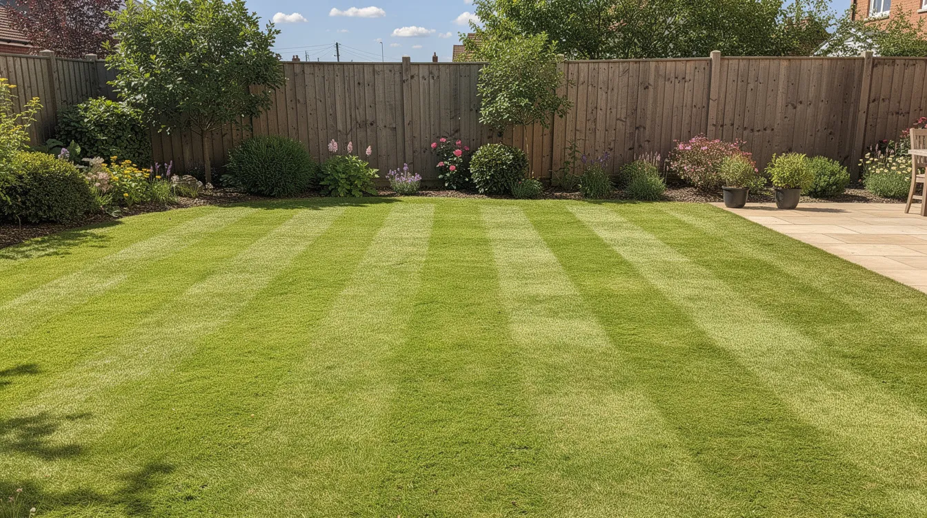 The image shows a freshly mowed striped lawn in a UK back garden, with vibrant green grass blades arranged in neat patterns under the bright sun. This healthy lawn reflects proper lawn care, likely maintained using a push mower or cylinder mower, showcasing the perfect cutting height for optimal grass growth during the summer months.
