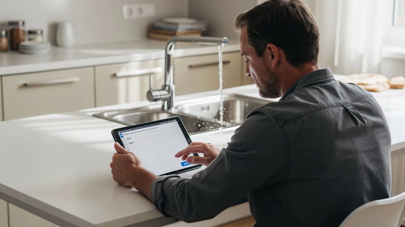 Eine junge Frau mit einem weißen Overall sitzt am Küchentisch und tippt Daten auf einem Tablet ein, während im Hintergrund Wasser aus einem Wasserhahn fließt. Diese Szene vermittelt ein Gefühl von Alltag und der Nutzung von digitalen Services, möglicherweise im Zusammenhang mit dem Kundenportal von Hamburg Wasser.