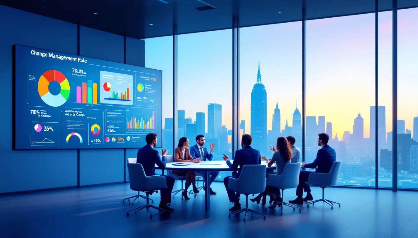 A team of business leaders discussing the importance of change management.
