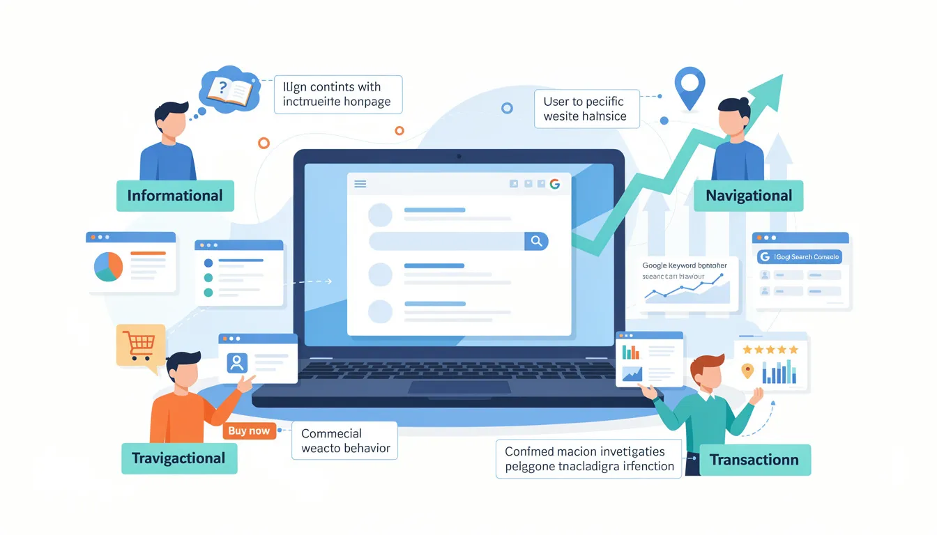 An informative graphic illustrating the concept of search intent, featuring a flowchart that categorizes different types of search queries such as informational, navigational, transactional, and commercial investigation. The chart emphasizes the importance of aligning website content with user intent to enhance on-page SEO and improve search engine rankings.