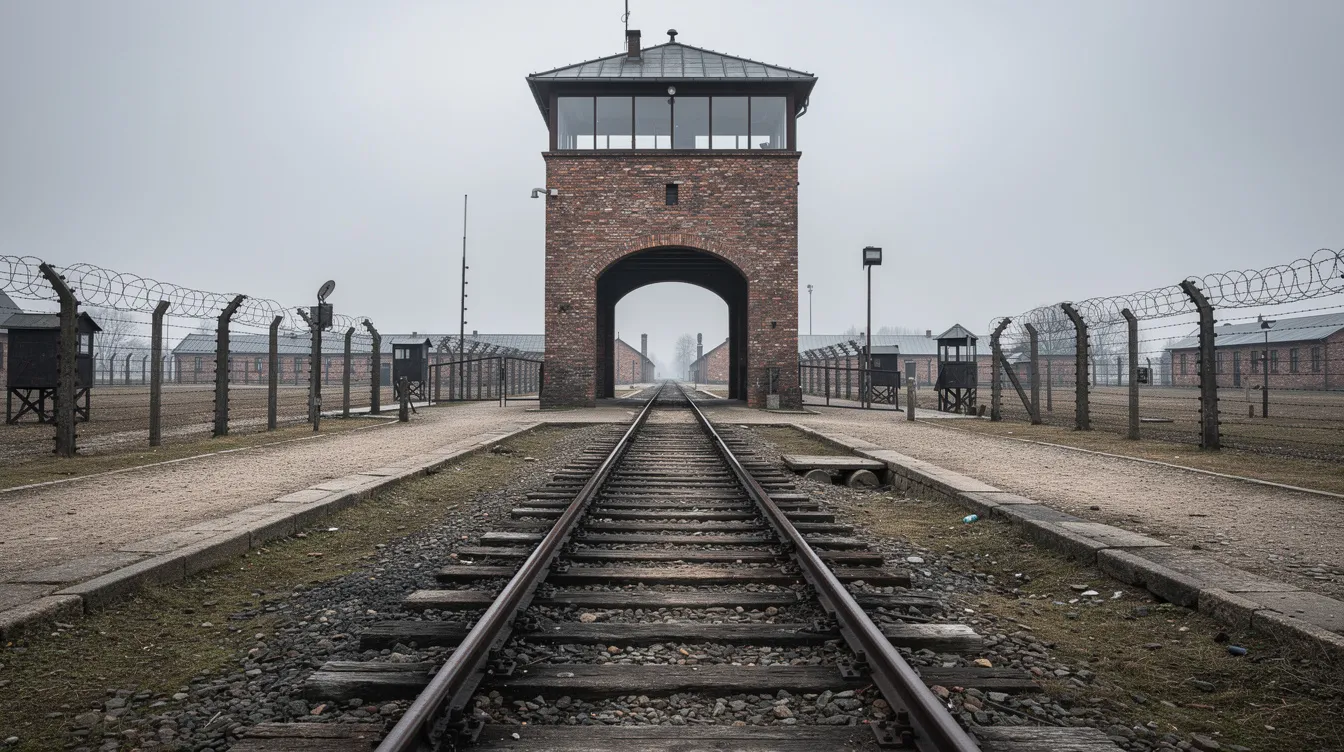 A imagem mostra o portão de entrada de um campo de concentração histórico, com a famosa inscrição "Arbeit macht frei" visível. Ao fundo, trilhos de trem se estendem, lembrando a conexão com os campos de extermínio nazistas, como Auschwitz II Birkenau, na Polônia.