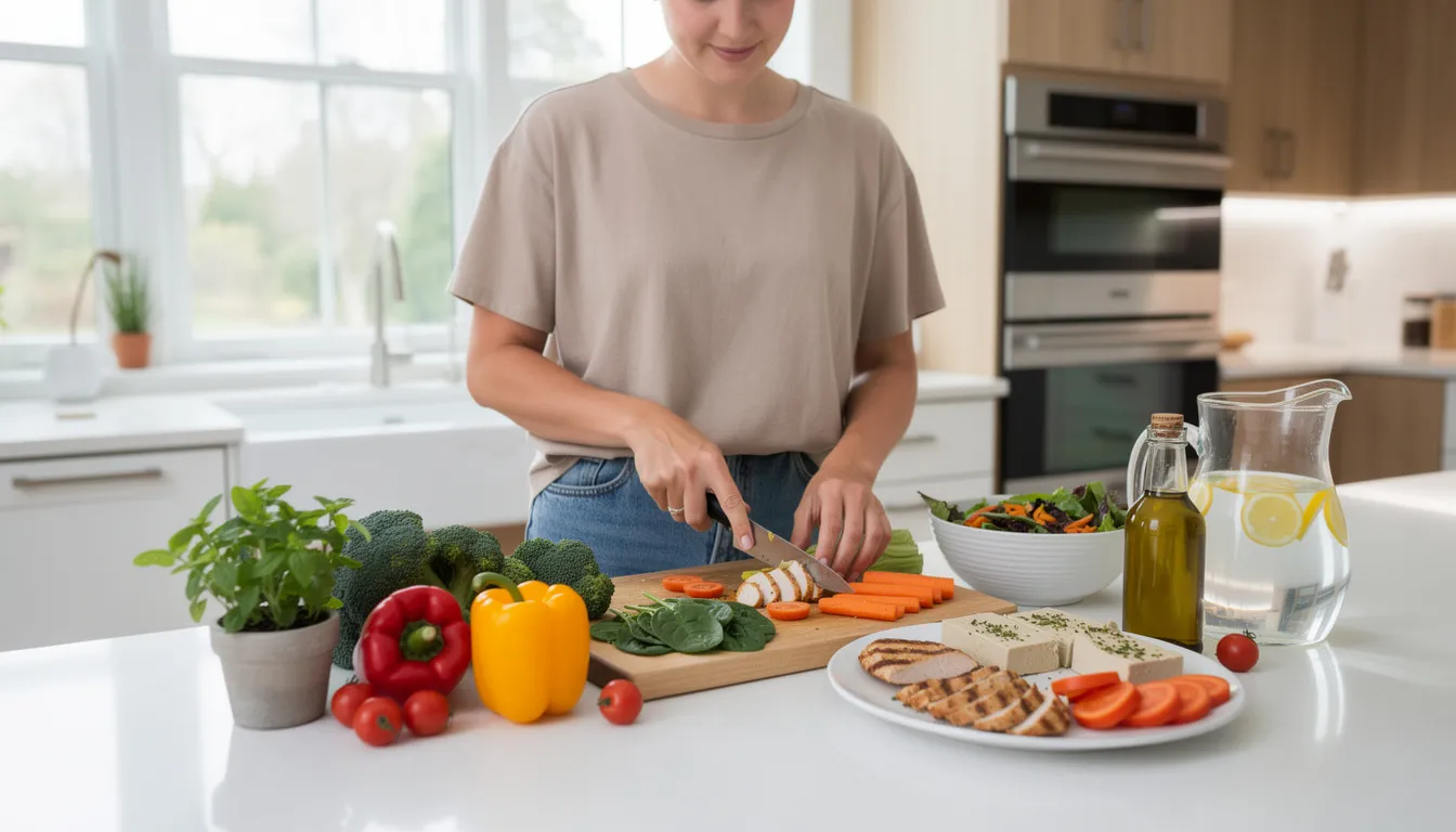 The image depicts a person joyfully preparing a colorful and healthy meal featuring a variety of vegetables and lean protein in a bright, modern kitchen. This scene emphasizes the importance of a balanced diet for weight management and promotes sustainable fat loss through nutritious food intake.