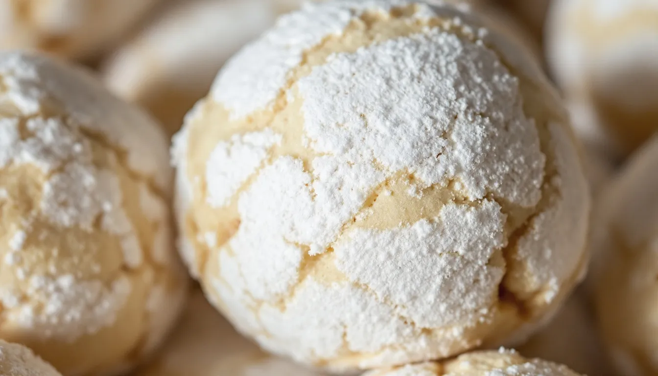 Aa plate of snowball cookies dusted with powdered sugar, showcasing their round, delicate shape. These buttery bites, reminiscent of Mexican wedding cookies, are often made with finely chopped almonds and have a crumbly texture, making them a delightful treat perfect for any occasion.