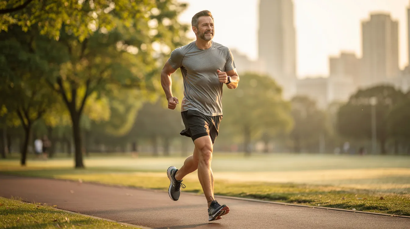 A man is jogging outdoors in athletic clothing, showcasing his toned physique after undergoing male liposuction to target stubborn fat deposits. This image highlights his commitment to a healthy lifestyle and recovery from the liposuction procedure, emphasizing the positive results of his weight loss journey.