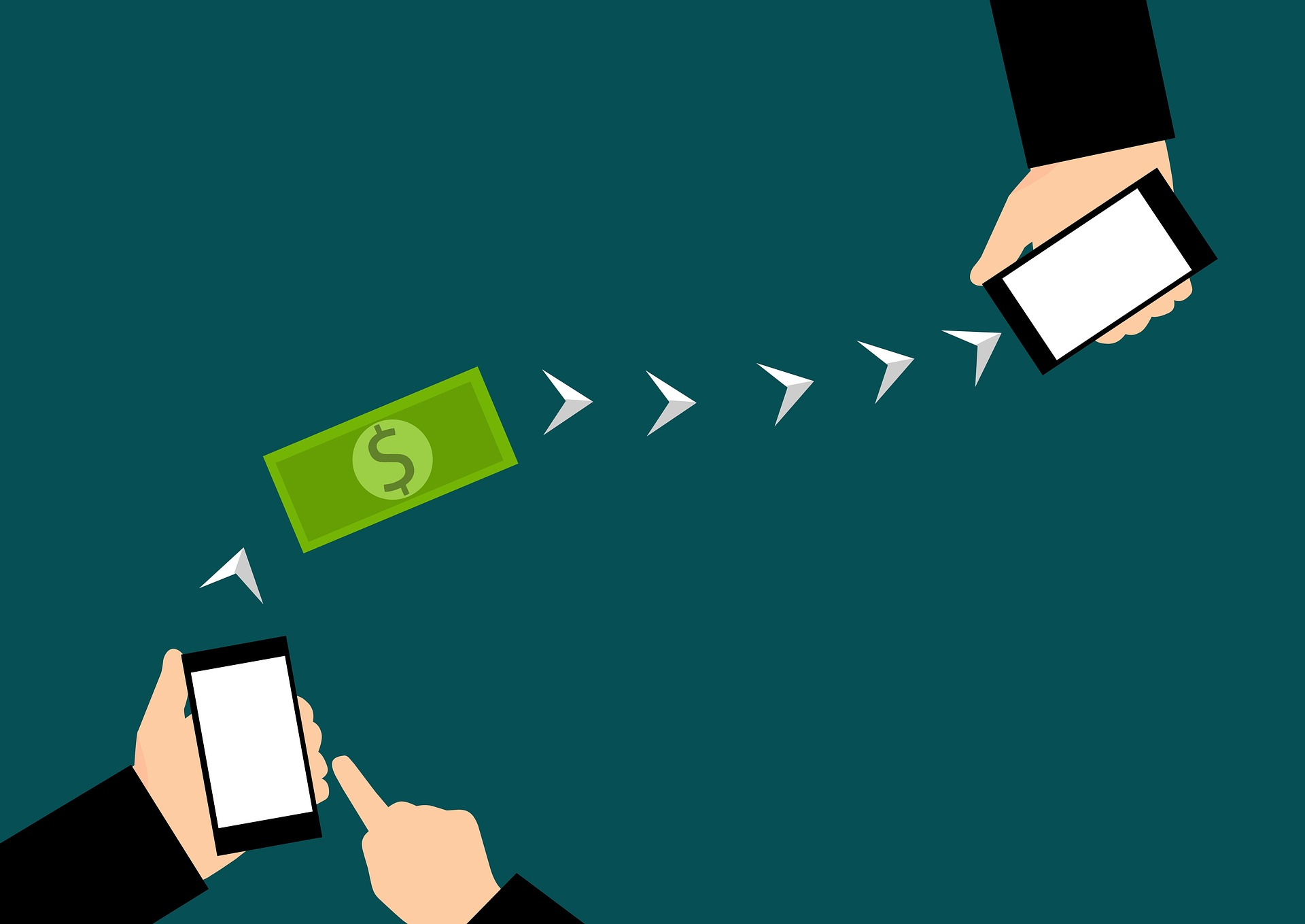 A dollar bill moving between two paris of hands holding mobile phones