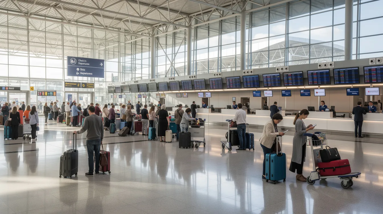 The image depicts a busy airport departure hall filled with travelers checking in at various airline counters, showcasing a diverse group of individuals preparing for their trips. Many are seen carrying travel documents, including valid passports, as they navigate the bustling environment, reflecting the excitement of business and tourism travel.