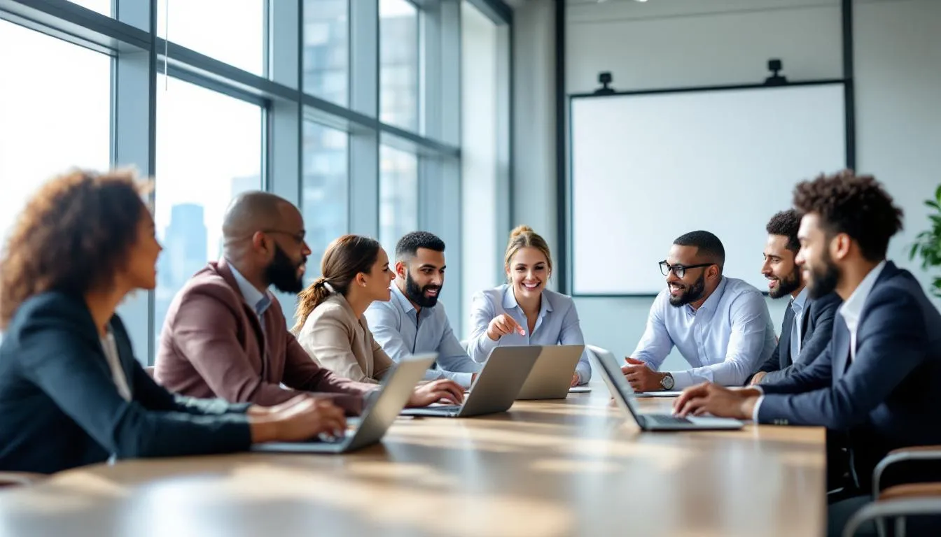 The image depicts a diverse group of professionals collaborating in a modern office environment, engaged in discussions about growth marketing strategies while working on laptops. They appear focused on optimizing customer engagement and improving marketing efforts, reflecting a dynamic approach to customer acquisition and retention.