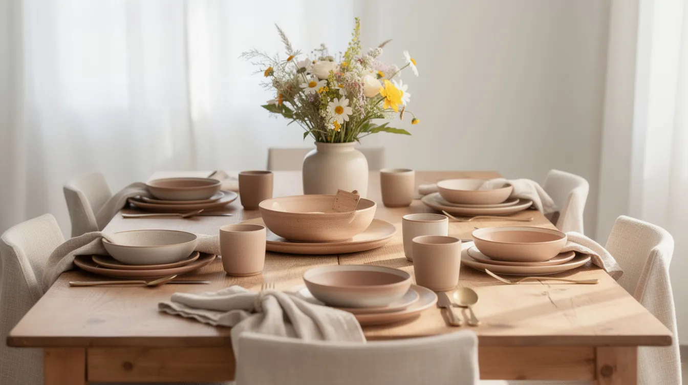 Een mooi gedekte tafel in natuurlijke aardetinten, met stijlvol servies en linnen servetten, wordt verfraaid door een eenvoudig veldboeket als tafeldecoratie. De tafel straalt een gezellige sfeer uit, perfect voor een etentje met vrienden of familie.