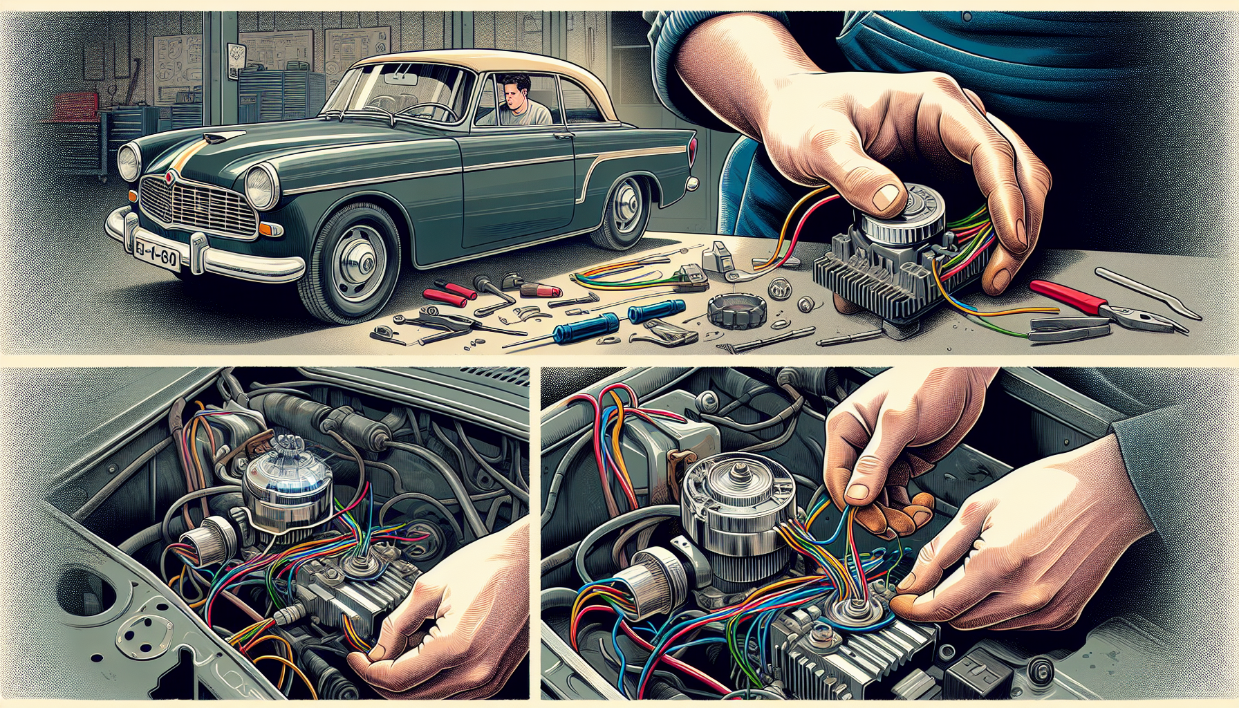 Illustration of replacing a damaged car voltage regulator