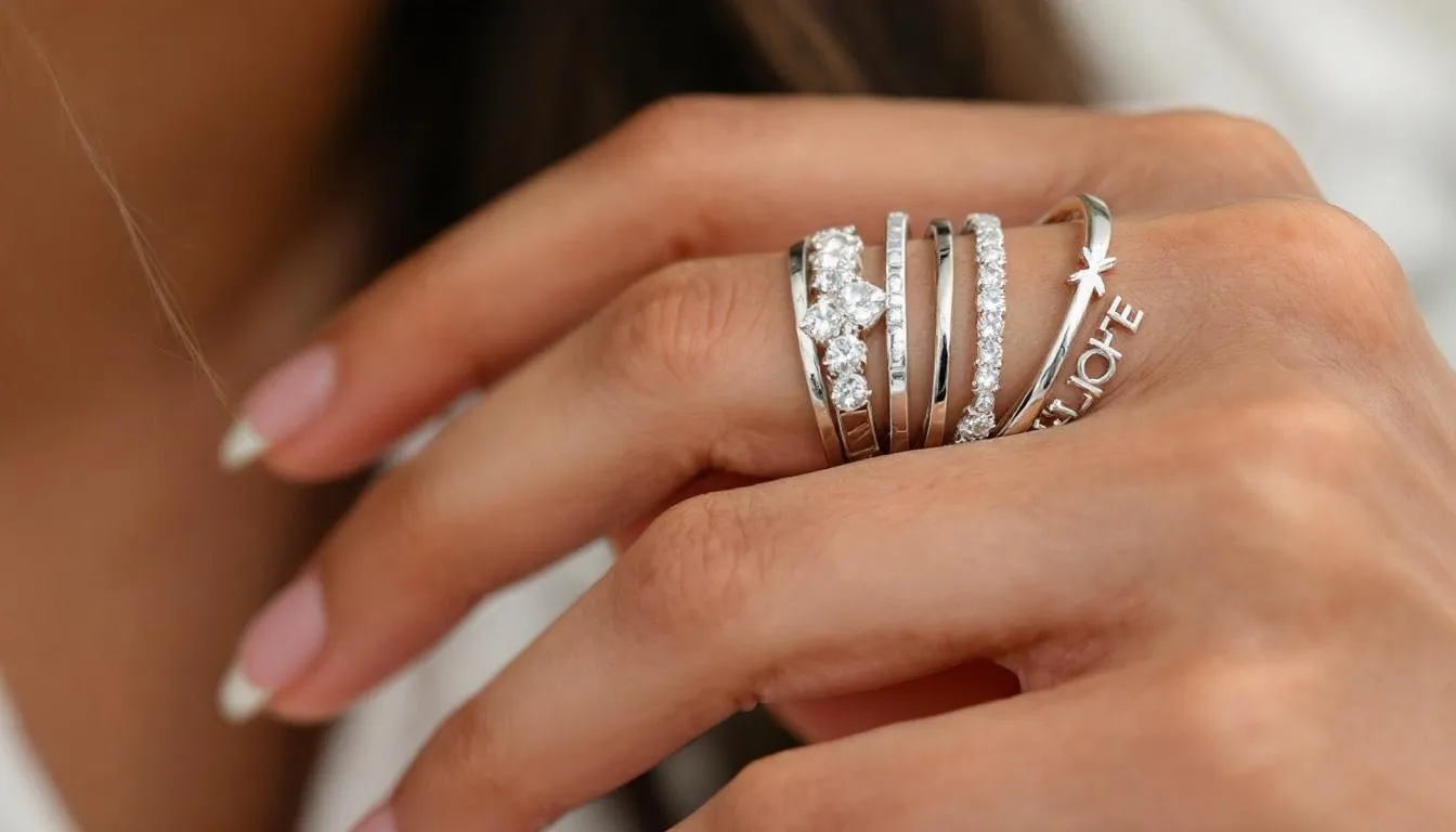 The image features a stylish collection of stacking silver rings, showcasing a mix of sterling silver rings adorned with cubic zirconia. This fashionable ring stack is designed for women, reflecting a personalized touch that enhances any outfit.