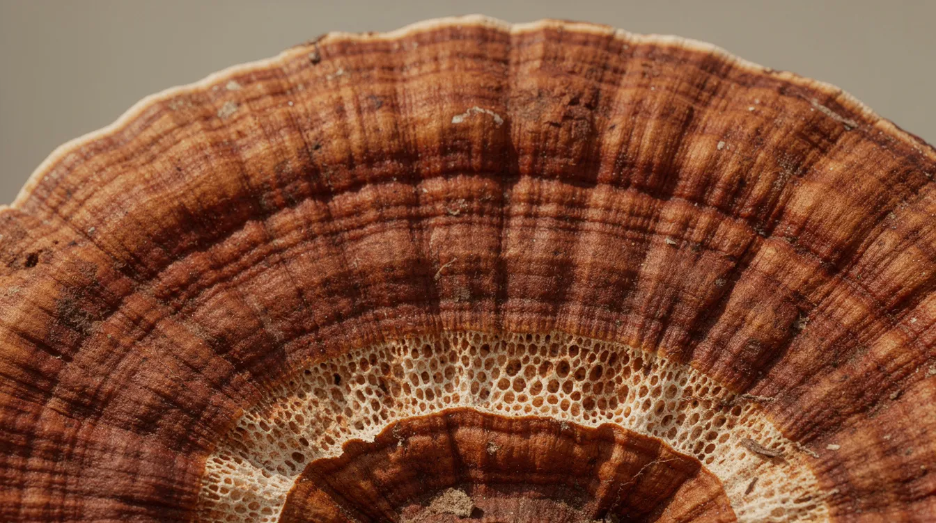 The image shows a close-up view of a sliced reishi mushroom, highlighting its woody reddish-brown surface texture and the white pore layer underneath. This medicinal mushroom, known for its health benefits and potential to support the immune system, is often used in mushroom supplements and extracts for wellness and healthy aging.