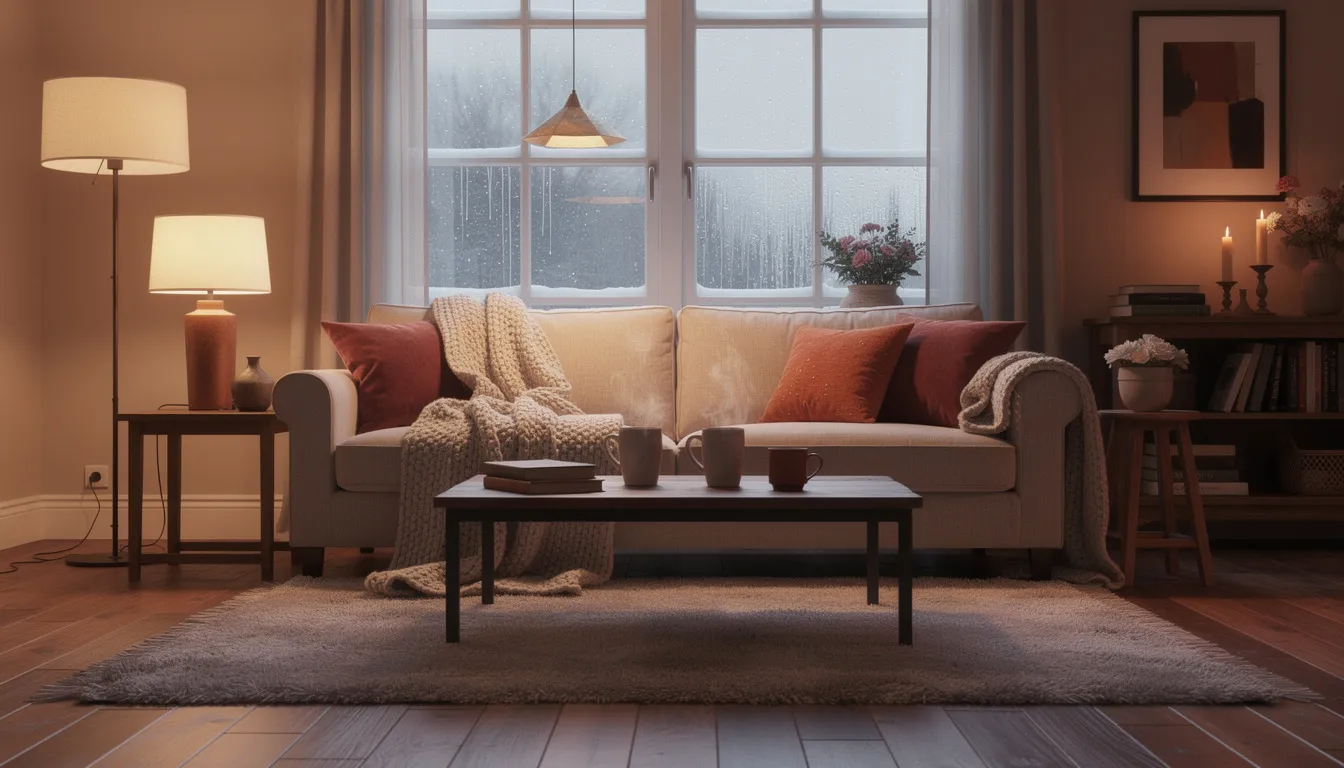 Een gezellige woonkamer met gesloten ramen en warme verlichting, perfect voor de winter. De ruimte straalt een uitnodigende sfeer uit, terwijl de warme lucht zorgt voor comfort en het risico op vochtproblemen en slechte binnenluchtkwaliteit minimaliseert.