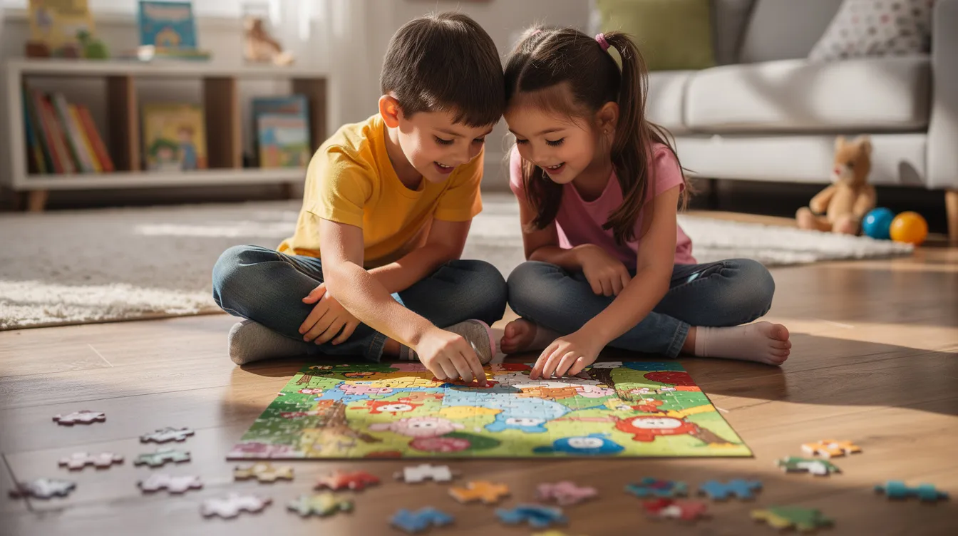 Two children are sitting on the floor, engaged in a colorful jigsaw puzzle together, fostering their problem-solving skills and critical thinking as they collaborate and enjoy some quiet time during the holiday season. This fun activity not only helps them develop organization and task initiation but also creates positive memories with loved ones.