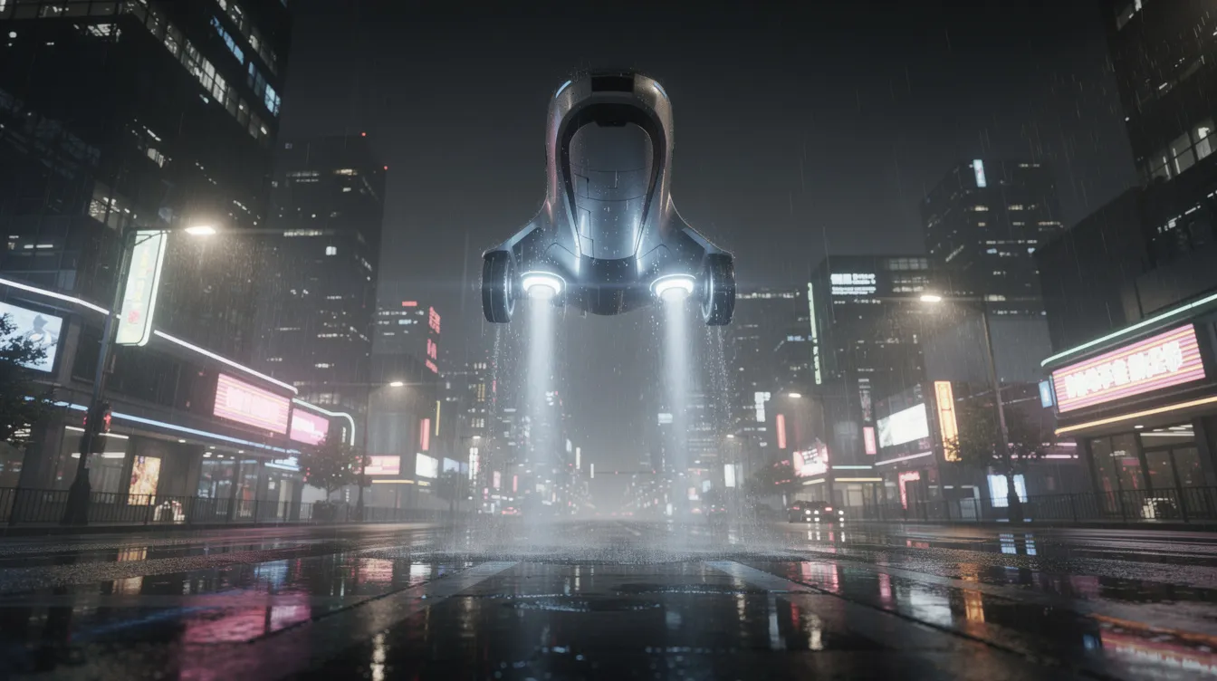Ein einzelnes schwebendes Fahrzeug erhebt sich in einen regennassen Nachthimmel über einer hell erleuchteten Stadt, die an die futuristische Kulisse von Ridley Scotts "Blade Runner" erinnert. Die Aufnahme aus der unteren Perspektive vermittelt ein Gefühl von Science-Fiction und urbaner Dystopie.