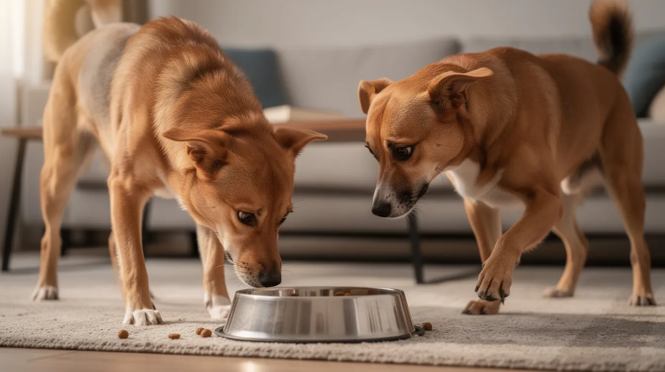 The image depicts two dogs in a home setting, with one dog standing protectively over a food bowl while displaying signs of guarding behavior, such as growling. The other dog cautiously approaches, illustrating the dynamics of resource guarding between dogs and their emotional responses in a multiple dog household.