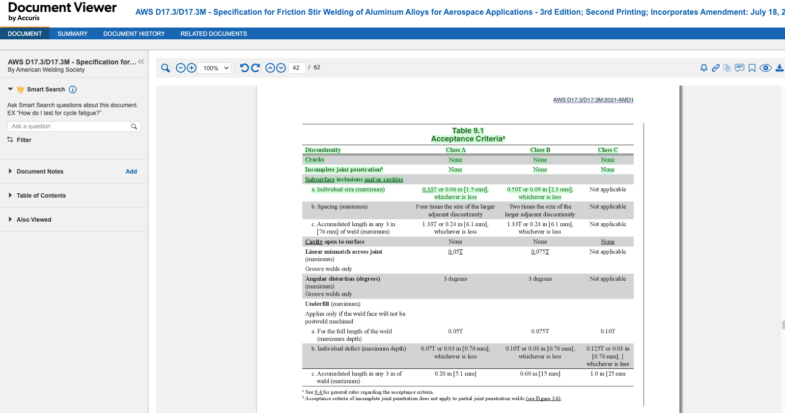 The document page automatically opens and highlights relevant content in a table from a Get-Link