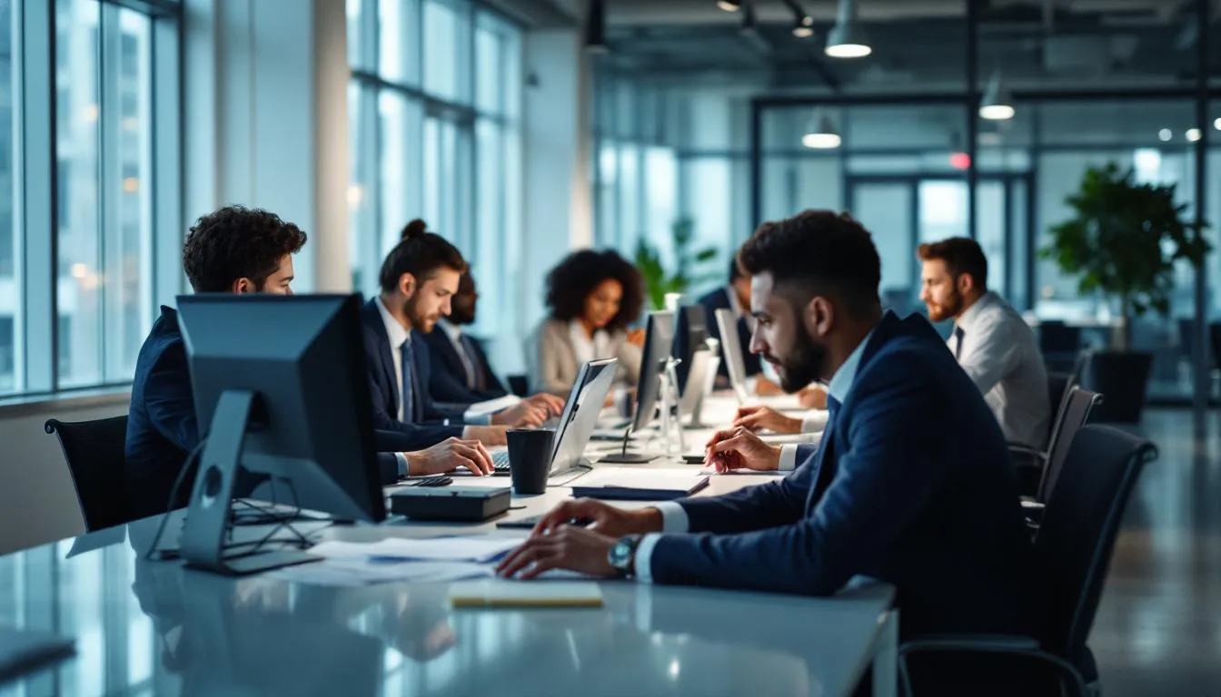In der Abbildung sind Arbeitnehmer zu sehen, die an einem Sonntag arbeiten, was gegen das Arbeitszeitgesetz verstößt, das Sonn- und Feiertagsruhe vorschreibt. Die Szene zeigt eine geschäftige Umgebung, in der Beschäftigte trotz der gesetzlichen Regelungen für Sonn- und Feiertagsarbeit tätig sind.
