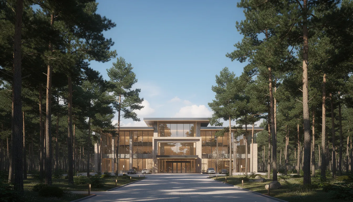 En exteriörbild av ett casino omgiven av tät tallskog under en klar blå himmel. Casinot har stora fönster och en inbjudande entré, vilket skapar en kontrast mot den natursköna omgivningen.