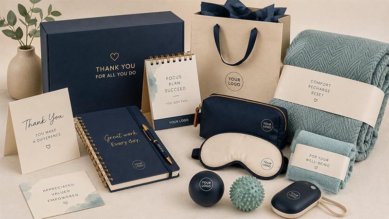 Wellness and comfort gift set for employees with blanket, eye mask, pouch, thank-you card and small self-care items