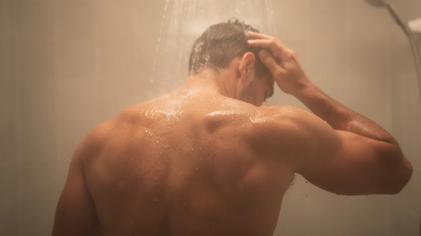 The image shows a man in a warm, steam-filled shower, rinsing his shoulders with a gentle body wash that creates a rich lather, perfect for maintaining hydrated skin. The soothing steam and moisturizing ingredients provide a refreshing experience, ideal for men looking to cleanse and nourish their skin.
