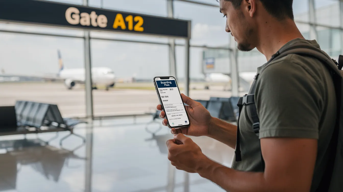 A person is standing at an airport gate, using a smartphone to check a digital document related to their immigration status. This scene reflects the importance of staying informed about new UK immigration rules, especially for travelers and visa holders.