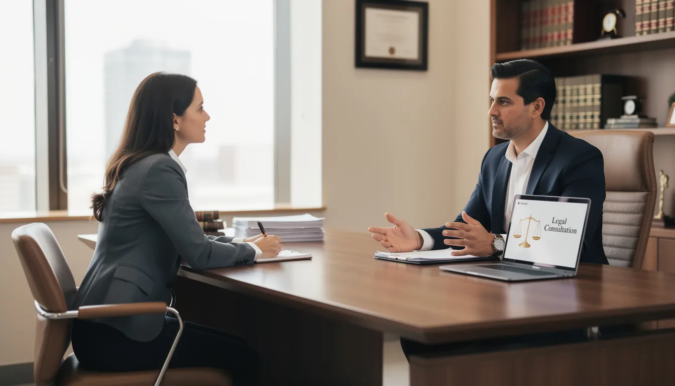 The image depicts a professional consultation between an attorney and a client discussing a car accident case. The attorney is providing legal counsel on navigating the insurance claims process, including interactions with the other driver's insurance company and potential medical bills related to the personal injury claim.