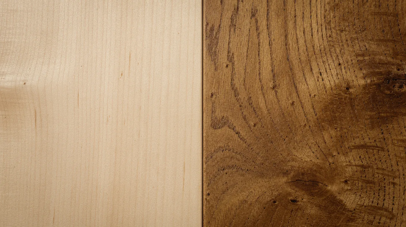 Närbild på träytor som tydligt visar skillnaden mellan ljus björk och mörkare ek, där ådringen framhäver materialens unika karaktär. Denna detaljrikedom ger en inblick i hur olika träslag kan användas i moderna sidobord i trä för att skapa stiliga och praktiska möbler i hemmet.
