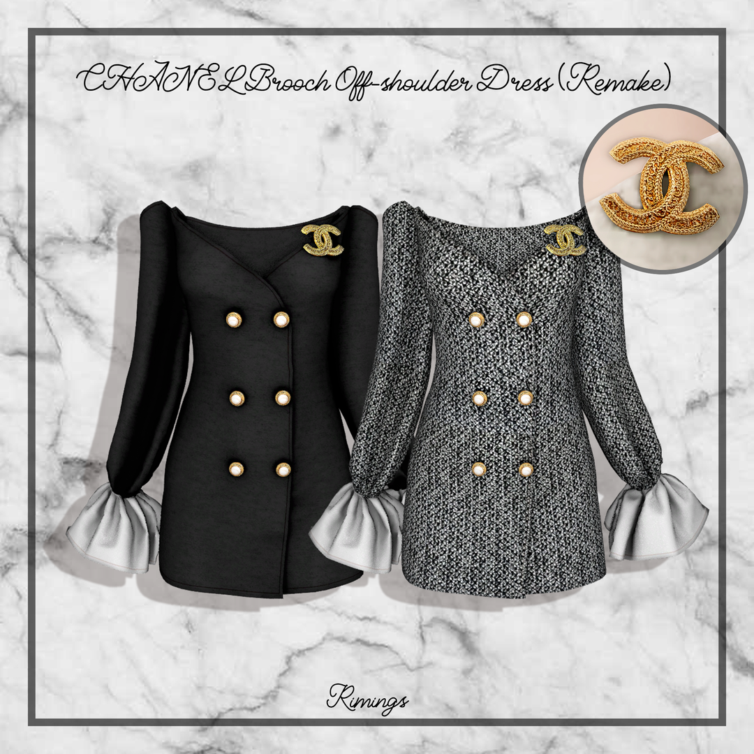 Chanel Brooch Off-Shoulder Dress