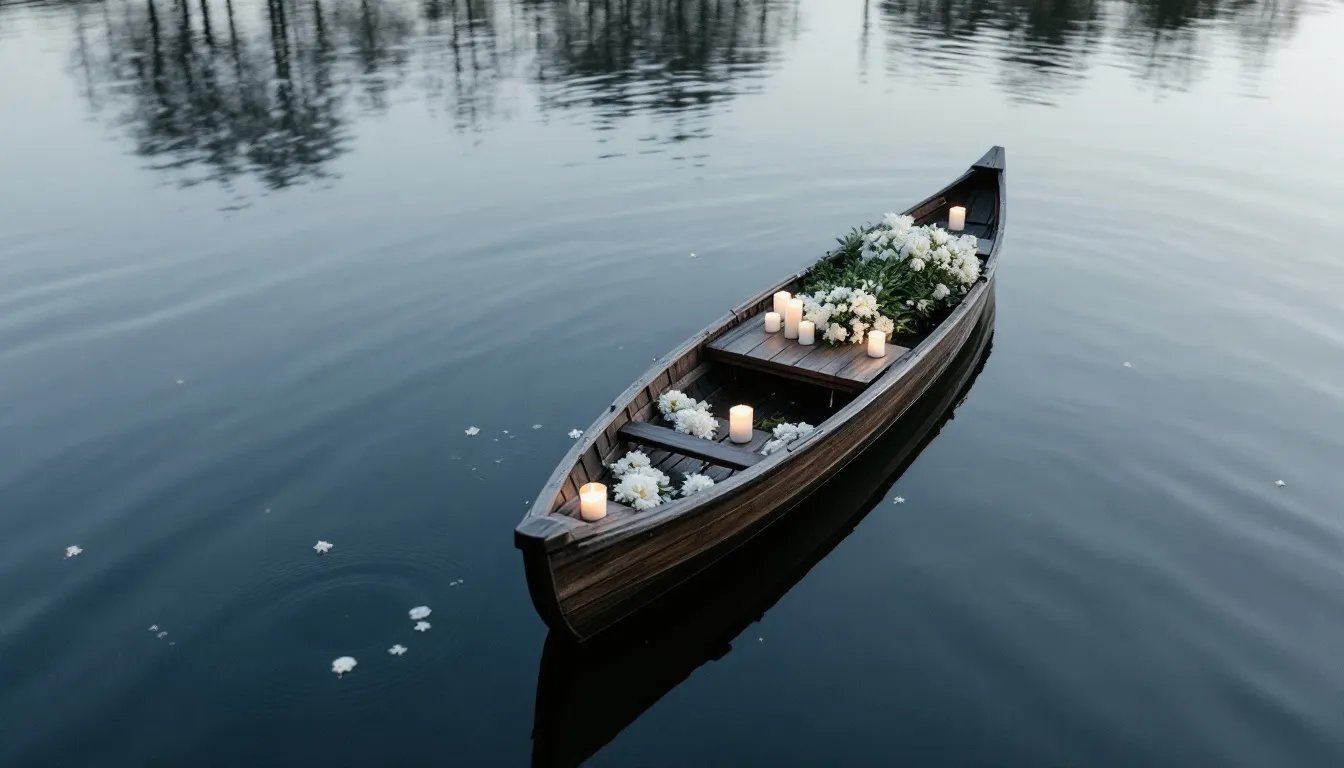 Eine Rheinbestattung auf einem ruhigen Fluss mit Blumen und Kerzen.