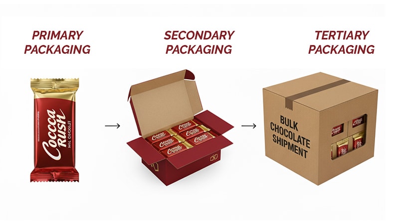 Primary, secondary, and tertiary packaging for chocolate