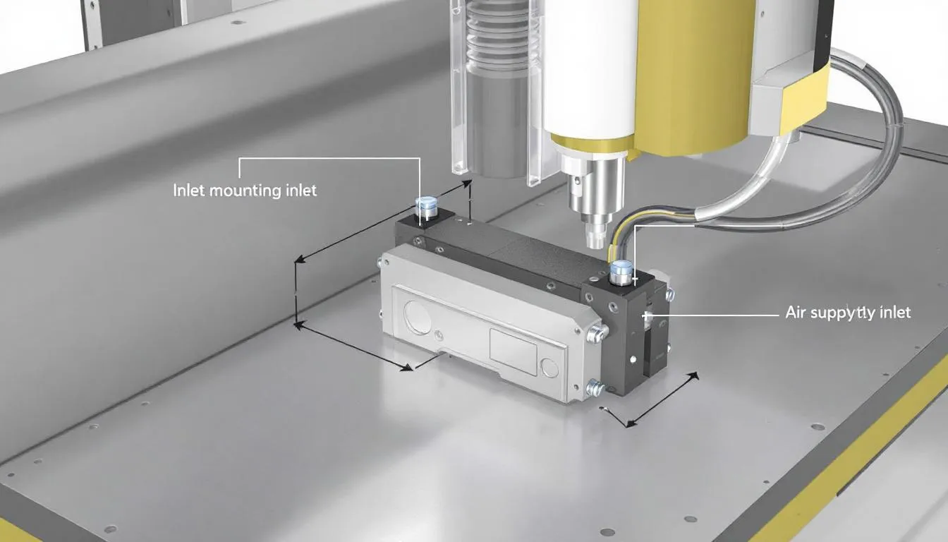 The image depicts an air vise installation on a CNC machine table, showcasing the mounting configuration and air supply connections necessary for operation. It highlights the actual product appearance of the pneumatic vise, emphasizing its jaw width and opening, which are critical for clamping force and precision in machining tasks.