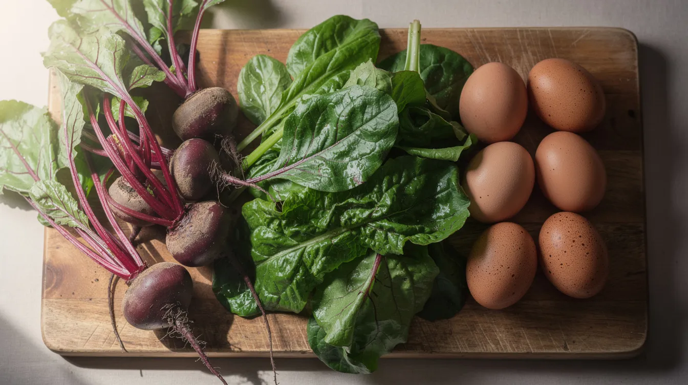 The image features a vibrant arrangement of fresh beets, leafy greens, and eggs on a rustic wooden cutting board, showcasing the rich colors and textures of these nutritious foods. This composition highlights ingredients that can support cellular health and methylation processes, essential for gene expression and energy production.