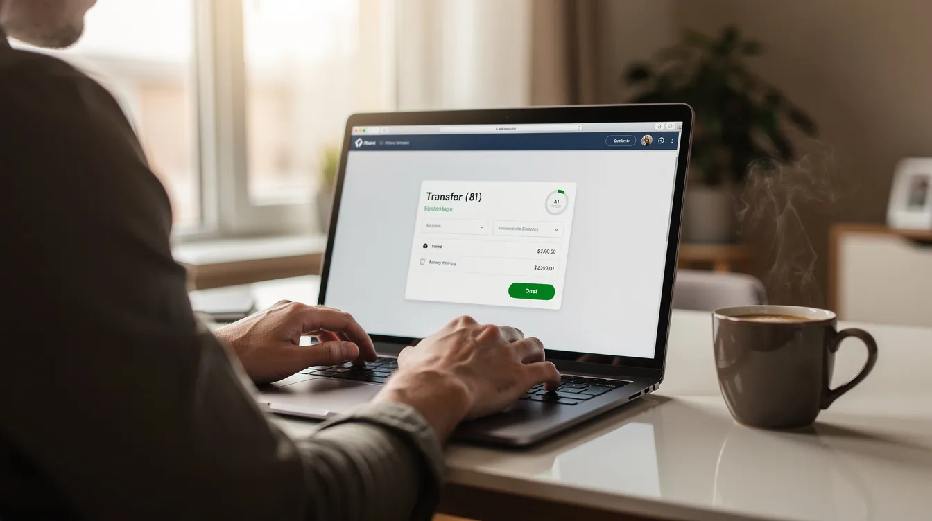 A person is seated at a laptop, engaged in completing an online money transfer, with a coffee cup placed beside them. This scene reflects the convenience of using AU Small Finance Bank for international money transfers, allowing users to send money overseas efficiently.