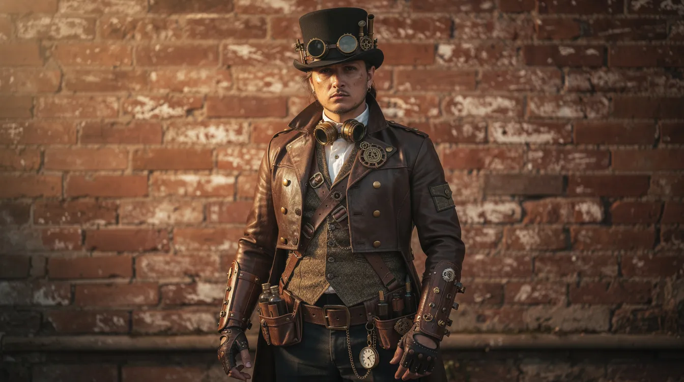 Eine Person in einem vollständigen Steampunk-Outfit, das einen Zylinder, Goggles und verschiedene Lederaccessoires umfasst, steht vor einer rustikalen Backsteinwand. Der Look kombiniert Elemente des Retro-Futurismus und der Science-Fiction und vermittelt einen eindrucksvollen steampunk Stil.