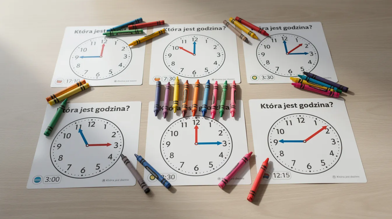 Na obrazku znajdują się wydrukowane karty pracy z zegarami, które służą do nauki odczytywania godzin przez starsze dzieci. Obok kart leżą kolorowe kredki, które mogą być używane do dopasowywania wskazówek na tarczy zegara oraz rozwiązywania zadań tekstowych związanych z czasem.