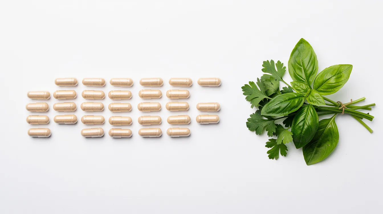 The image features dietary supplement capsules neatly arranged on a clean white surface, accompanied by fresh green herbs. This visual emphasizes the supplement's potential benefits for supporting healthy cholesterol levels and maintaining balanced blood sugar, highlighting its role in cardiovascular and metabolic health.