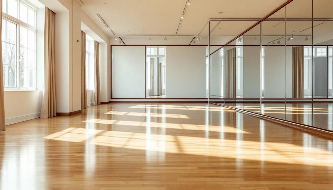 A spacious dance studio featuring polished wooden floors and large mirrors lining the walls, creating an inviting atmosphere for dancers to practice various styles, including standard and Latin dance. The studio is likely a hub for events like "Let's Dance," attracting both amateur and professional dancers in Sweden.