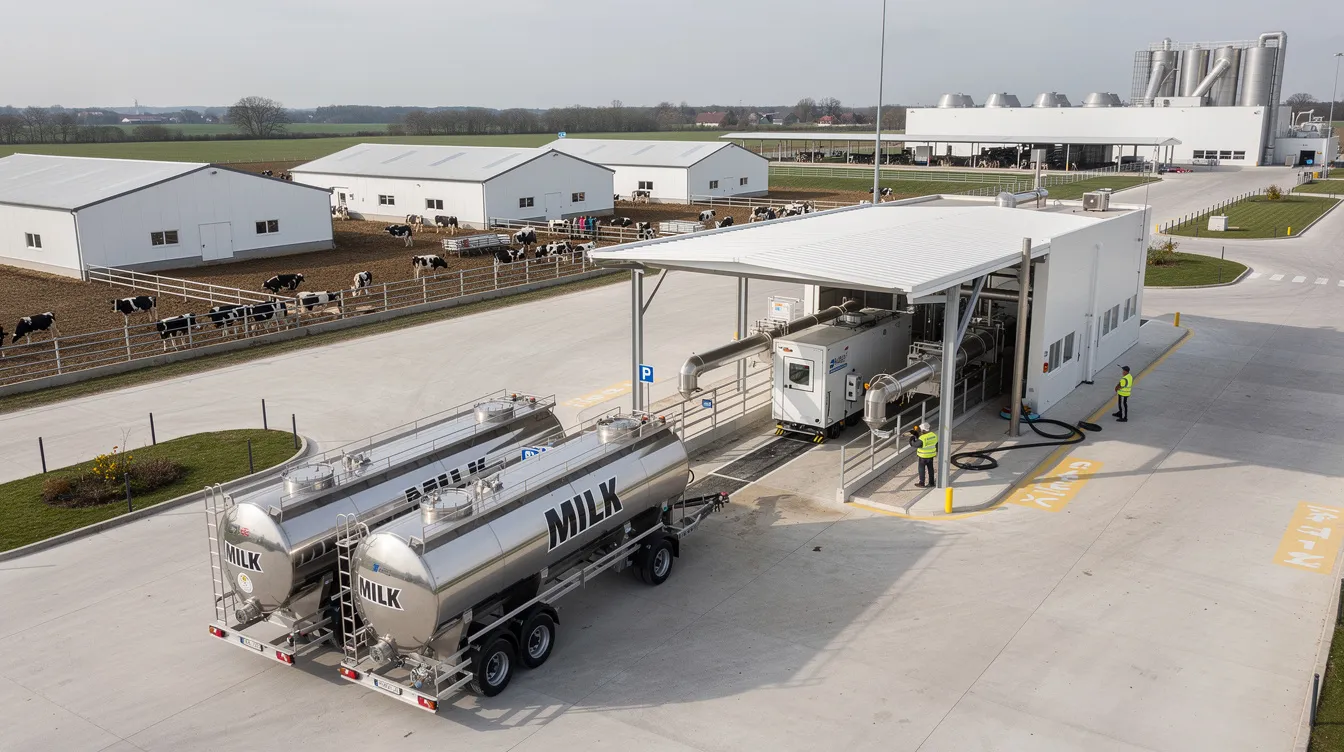 37258a10 d9cf 4fcb a855 f76ee759d262 The image depicts a dairy farm featuring a milk collection facility and tankers, essential for raw milk procurement in the cheese manufacturing process. This setup highlights the operational efficiency required for producing various cheese types while managing costs and ensuring timely debt payments related to project finance.